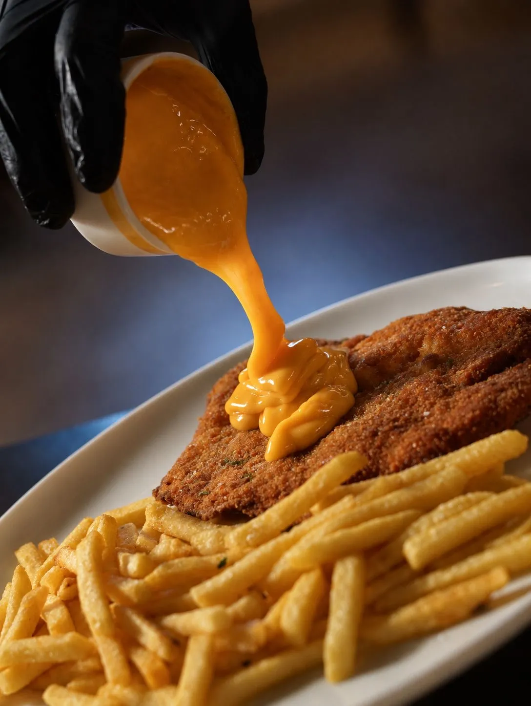 Schnitzel mit Pommes, Käsesauce wird darüber gegossen